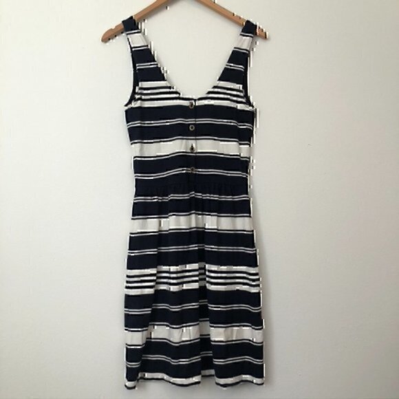 J. CREW Villa Dress Navy Blue Cream Ivory Striped Sleeveless Fit Flare Cotton XS - Picture 10 of 12